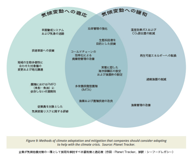 企業が気候危機対策の一環として採用を検討すべき緩和策と適応策（作図：Planet Tracker、試訳：シーフードレガシー）