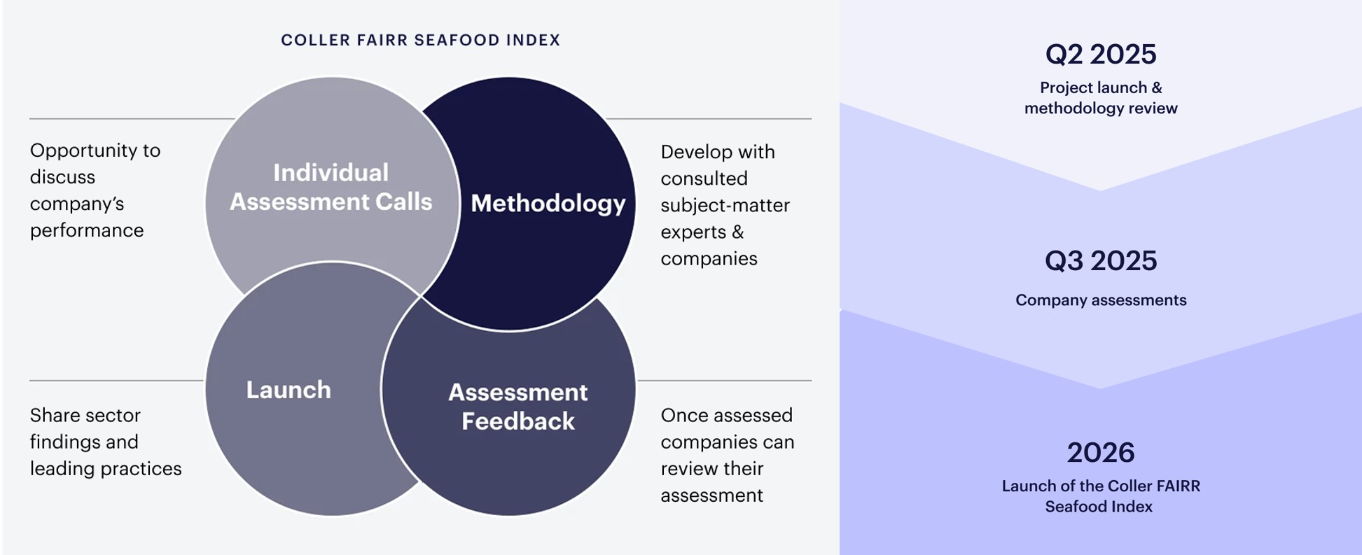 左図は「FAIRR水産物インデックス」の策定プロセス。①専門家と企業の意見を受けてメソドロジーをつくり（右上）、②アセスメント結果を評価対象の企業に共有、フィードバックを受け（右下）、③結果と先進例を公表し（左下）、④個別の企業と改善について議論する（左上）。右図は大まかなタイムテーブル。いずれもFAIRR公式サイト（英語）より