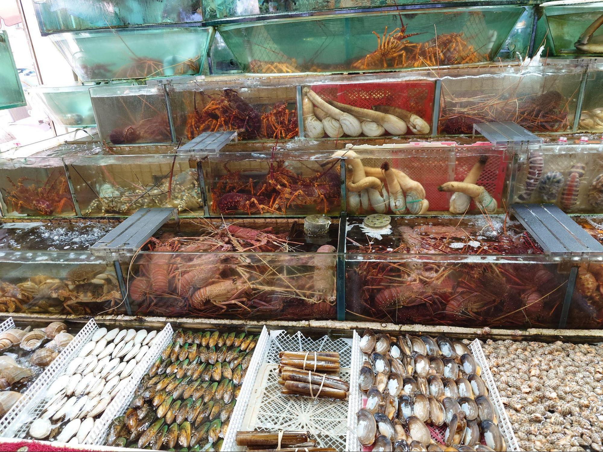 You can find abundant seafood in the Hong Kong seafood market. 